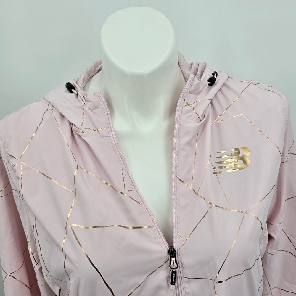 New Balance Womens 1X Hooded Windbreaker Jacket Pink Gold foil Geometric - Picture 11 of 16